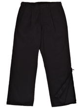 Load image into Gallery viewer, Full-length view of navy pants demonstrating one leg zipper in unzipped position