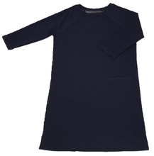 Load image into Gallery viewer, Full view of women's raglan-sleeve dress in navy featuring both upper chest zippers in zipped position