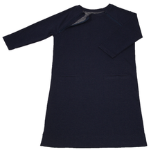 Load image into Gallery viewer, Full view of women&#39;s raglan-sleeve dress in navy featuring one upper chest zipper in unzipped position
