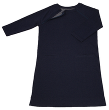 Load image into Gallery viewer, Full view of women's raglan-sleeve dress in navy featuring one upper chest zipper in unzipped position