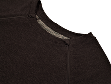 Load image into Gallery viewer, Close-up view of raglan-sleeve dress in dark gray demonstrating detailing of ribbed crew-neck trim, zipper pull covers, and fabric texture
