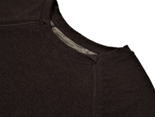 Load image into Gallery viewer, Close-up view of raglan-sleeve dress in dark gray demonstrating detailing of ribbed crew-neck trim, zipper pull covers, and fabric texture