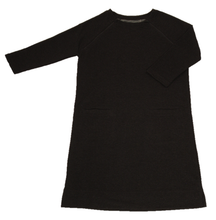 Load image into Gallery viewer, Full view of women&#39;s raglan-sleeve dress in dark gray featuring both upper chest zippers in zipped position
