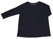 Load image into Gallery viewer, Full view of women's raglan-sleeve top in navy featuring bracelet-length sleeves, two double-welt front pockets, and both upper chest zippers in zipped position