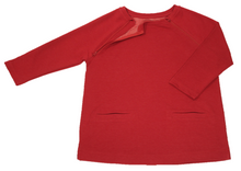 Load image into Gallery viewer, Full view of women&#39;s raglan-sleeve top in tomato color featuring bracelet-length sleeves, two double-welt front pockets, and one upper chest zipper in unzipped position
