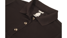 Load image into Gallery viewer, Close-up view of black polo dress demonstrating detailing of button placket, ribbed collor, and fabric texture
