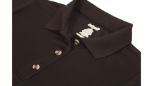 Load image into Gallery viewer, Close-up view of black polo dress demonstrating detailing of button placket, ribbed collor, and fabric texture