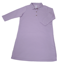 Load image into Gallery viewer, Full front view of lilac polo dress featuring front button placket and bracelet-length sleeves