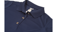 Load image into Gallery viewer, Close-up view of navy polo dress demonstrating detailing of button placket, ribbed collor, and fabric texture