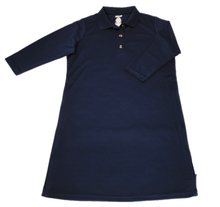 Load image into Gallery viewer, Full front view of navy polo dress featuring front button placket and bracelet-length sleeves