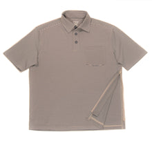 Load image into Gallery viewer, Full view of navy/ensign striped polo shirt showing one bottom-side zipper in unzipped position