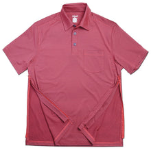 Load image into Gallery viewer, Full view of navy/tomato striped polo shirt showing both side zippers in unzipped position
