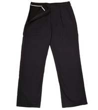 Load image into Gallery viewer, Full-length view of navy pants demonstrating one side-waist zipper in unzipped position
