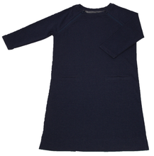 Load image into Gallery viewer, Full view of women&#39;s raglan-sleeve dress in navy featuring both upper chest zippers in zipped position
