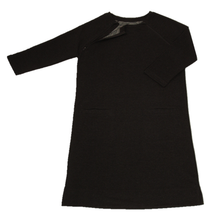 Load image into Gallery viewer, Full view of women&#39;s raglan-sleeve dress in dark gray featuring one upper chest zipper in unzipped position
