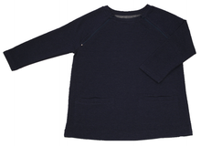 Load image into Gallery viewer, Full view of women&#39;s raglan-sleeve top in navy featuring bracelet-length sleeves, two double-welt front pockets, and both upper chest zippers in zipped position

