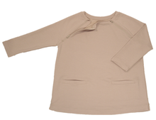 Load image into Gallery viewer, Full view of women&#39;s raglan-sleeve top in taupe featuring bracelet-length sleeves, two double-welt front pockets, and one upper chest zipper in unzipped position
