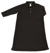 Load image into Gallery viewer, Full front view of black polo dress featuring front button placket and bracelet-length sleeves
