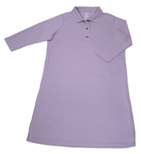 Load image into Gallery viewer, Full front view of lilac polo dress featuring front button placket and bracelet-length sleeves
