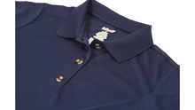 Load image into Gallery viewer, Close-up view of navy polo dress demonstrating detailing of button placket, ribbed collor, and fabric texture
