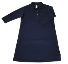 Load image into Gallery viewer, Full front view of navy polo dress featuring front button placket and bracelet-length sleeves
