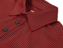 Load image into Gallery viewer, Close-up view of navy-tomato polo shirt showing quality details of button placket and collar
